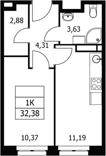 1-комн., 32.38 м², 10/21 этаж, ЖК «Волковская 67»