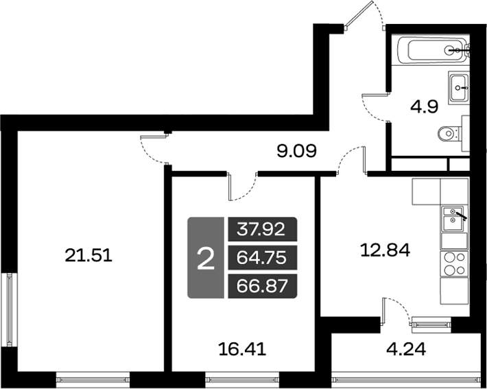 2-комн., 64.75 м², 16/17 этаж, ЖК «Домодедово Парк»