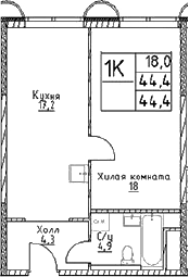 1-комн., 44.4 м², 15/29 этаж, ЖК «Наметкин Тауэр»