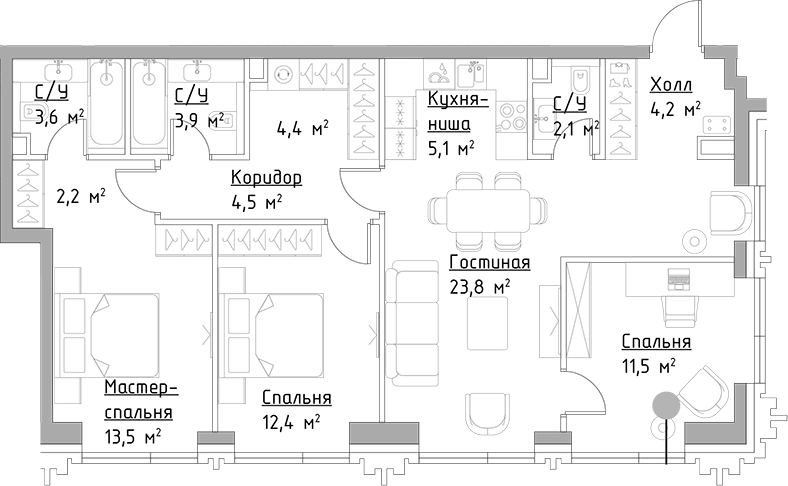 4-комн. Левел Павелецкая Сити