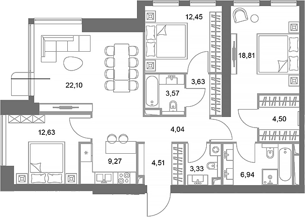 4+ комнаты, 105.78 м², 13/75 этаж, ЖК «ФАЙВ ТАУЭРС»
