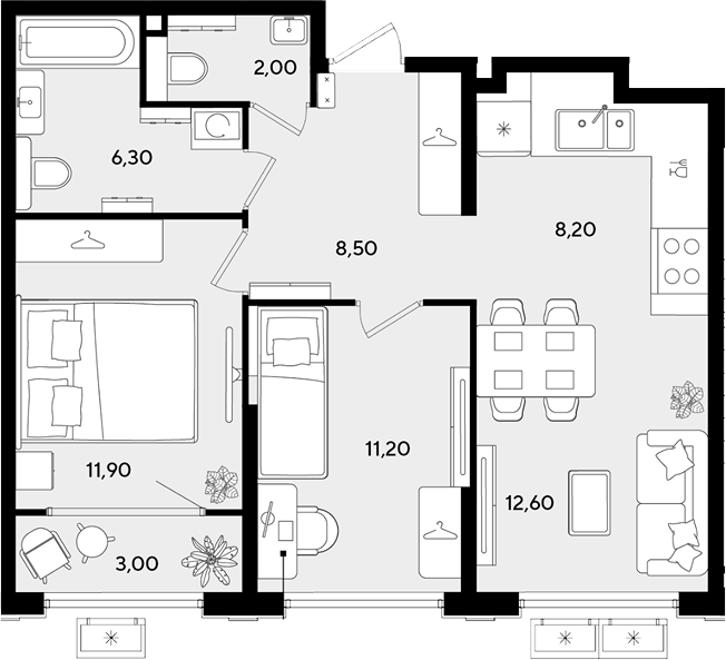 3-комн., 60.7 м², 2/9 этаж, ЖК «Порто-Ново»