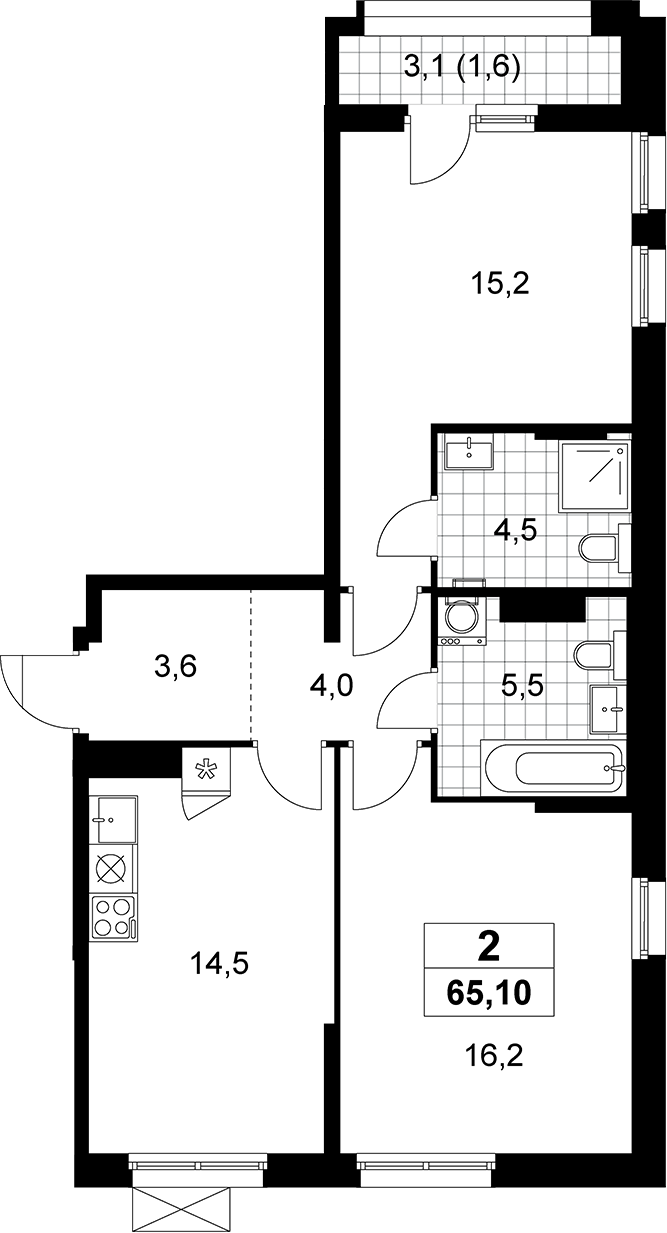 2-комн., 63.5 м², 16/16 этаж, ЖК «Прокшино»
