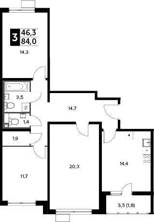 3-комн., 82.2 м², 8/20 этаж, ЖК «Южная Битца»
