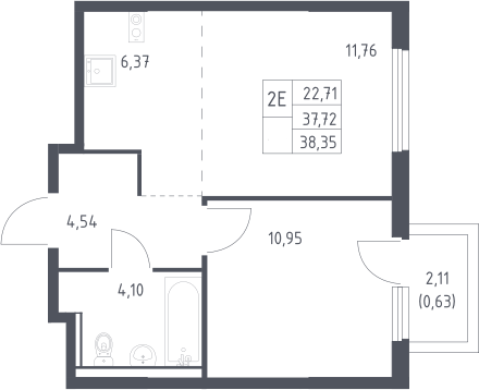 2-комн., 37.72 м², 13/17 этаж, ЖК «Пригород Лесное»