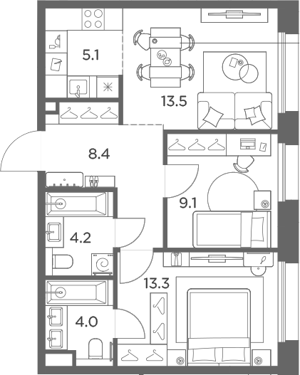 3-комн., 57.6 м², 2/6 этаж, ЖК «Станиславский»
