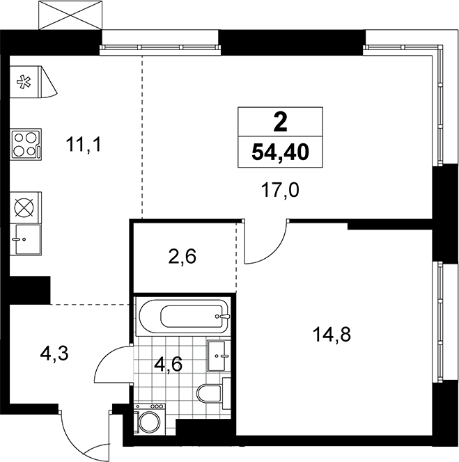 2-комн., 54.4 м², 9/12 этаж, ЖК «Дзен-кварталы»