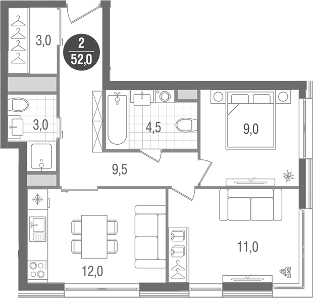 2-комн., 52 м², 23/32 этаж, ЖК «Кантемировский»