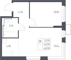 2-комн., 40.59 м², 14/17 этаж, ЖК «Новое Видное»