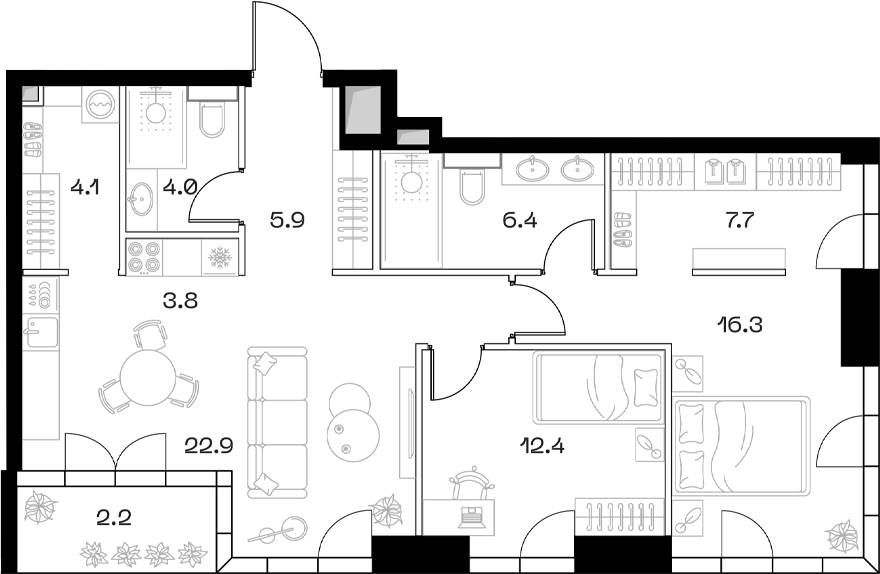 3-комн., 83.5 м², 12/18 этаж, ЖК «SHIFT»