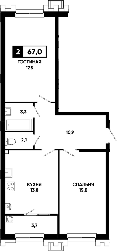 2-комн., 63.3 м², 2/19 этаж, ЖК «Основа. ГК ЮгСтройИнвест. Ставропольский край»