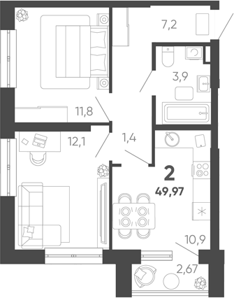 2-комн. квартира, 49.17 м² в ЖК Барса — фото 2