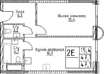 2-комн., 47.1 м², 27/29 этаж, ЖК «Наметкин Тауэр»