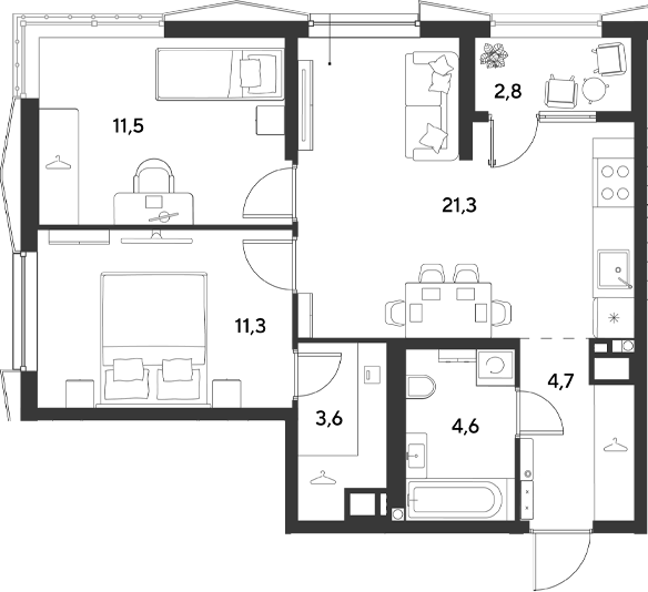 2-комн., 57 м², 15/18 этаж, ЖК «Ридз»