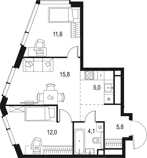3-комн., 54.3 м², 48/48 этаж, ЖК «Левел Мичуринский»