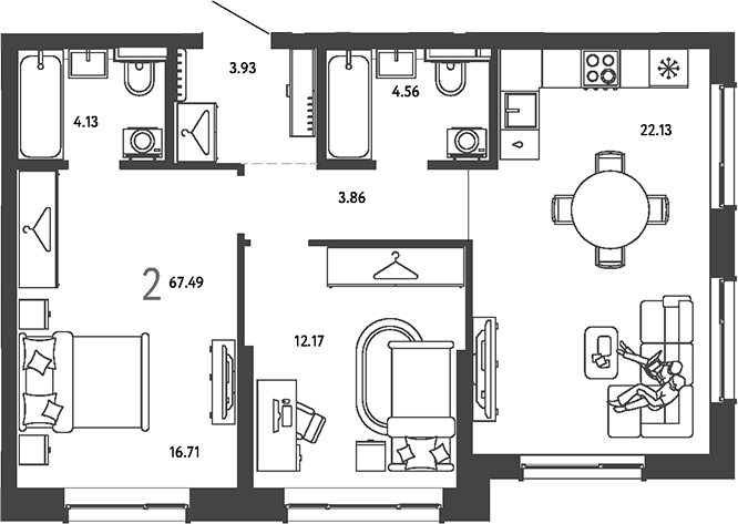 2-комн., 67.49 м², 7/24 этаж, ЖК «Страна.Парковая»