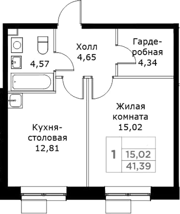 1-комн., 41.39 м², 17/25 этаж, ЖК «КИТ»