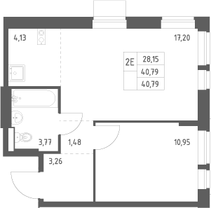 2-комн., 40.79 м², 12/17 этаж, ЖК «Квартал Авиаторов»
