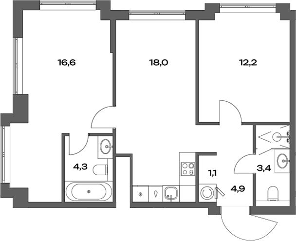 3-комн., 61.7 м², 18/22 этаж, ЖК «Акценты»