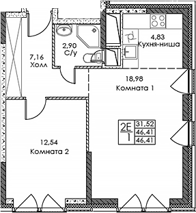 2-комн., 46.41 м², 8/20 этаж, ЖК «ЭВОПАРК Сокольники»