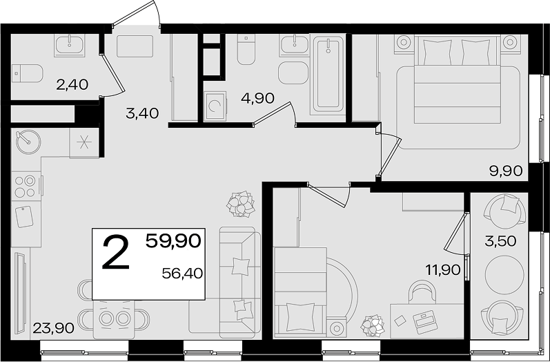 3-комн. квартира, 56.4 м² в ЖК Патрики — фото 2