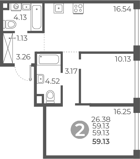 2-комн., 59.13 м², 11/27 этаж, ЖК «Мневники от Гранель»