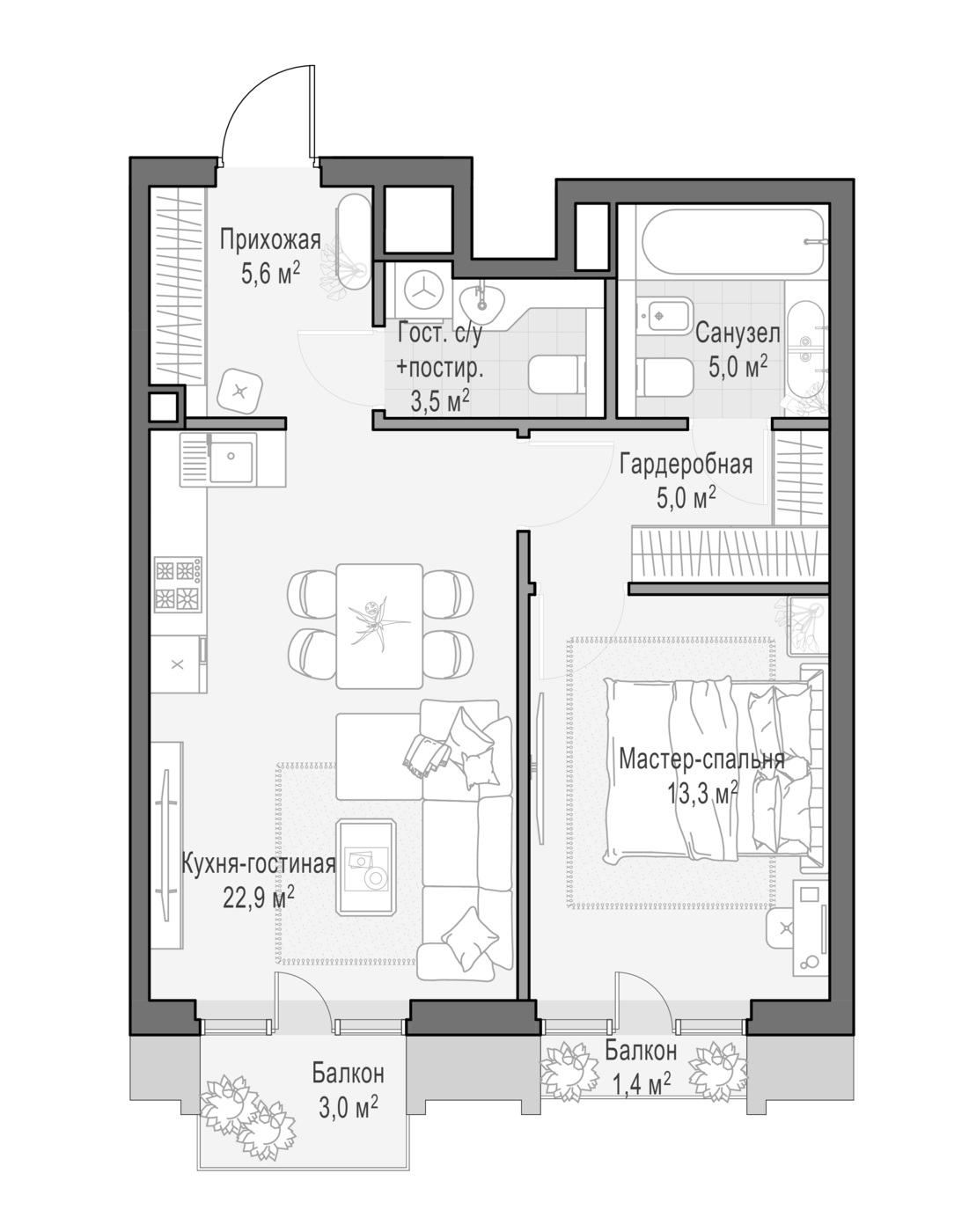 2-комн., 55.28 м², 3/7 этаж, ЖК «Квартал Тишинский бульвар»