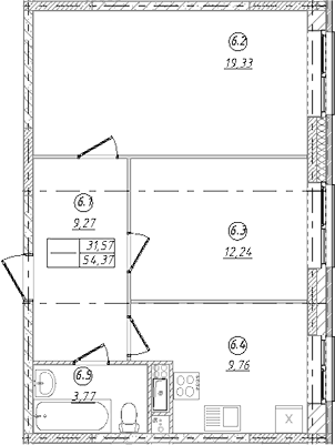 2-комн., 54.37 м², 3/9 этаж, ЖК «Юго-Западный квартал»