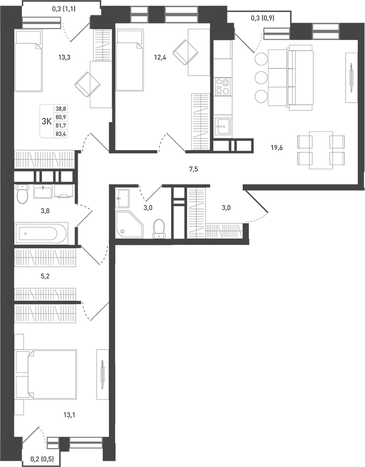 3-комн., 85.9 м², 6/8 этаж, ЖК «Новая Щербинка»