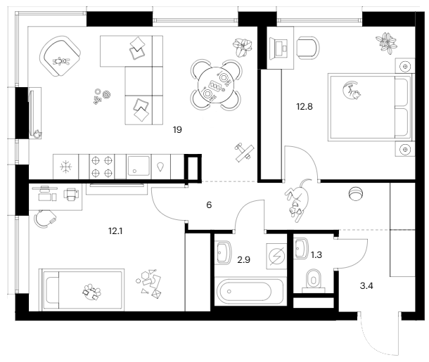 2-комн., 57.5 м², 3/12 этаж, ЖК «Москворечье»