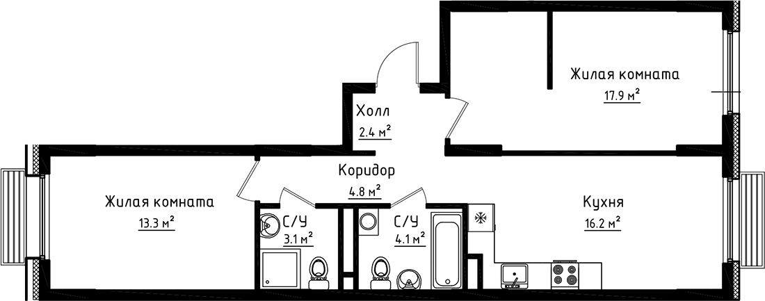 2-комн., 61.8 м², 6/8 этаж, ЖК «Коллекция»