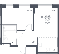 2-комн., 36.36 м², 7/8 этаж, ЖК «Квартал Домашний»