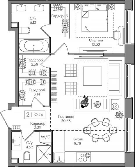 2-комн., 62.74 м², 10/14 этаж, ЖК «Преображенская площадь»