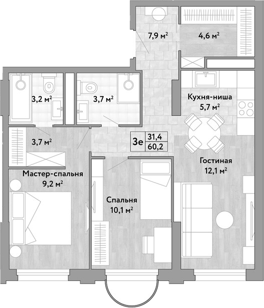 3-комн., 60.2 м², 9/17 этаж, ЖК «Новые Смыслы»