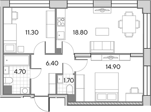 3-комн., 57.8 м², 4/30 этаж, ЖК «Вейв»