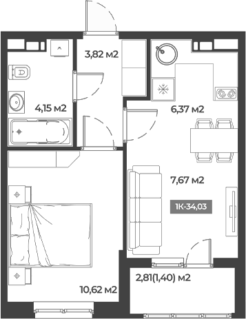 1-комн., 32.63 м², 1/5 этаж, ЖК «Соловей»