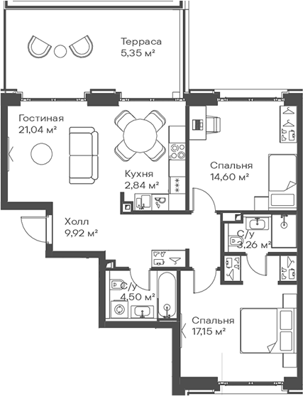 3-комн., 73.31 м², 2/15 этаж, ЖК «Сити Бэй»