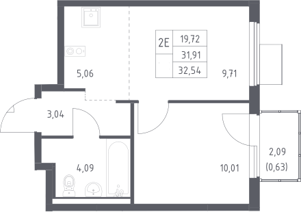 2-комн., 31.91 м², 11/11 этаж, ЖК «Горки Парк»