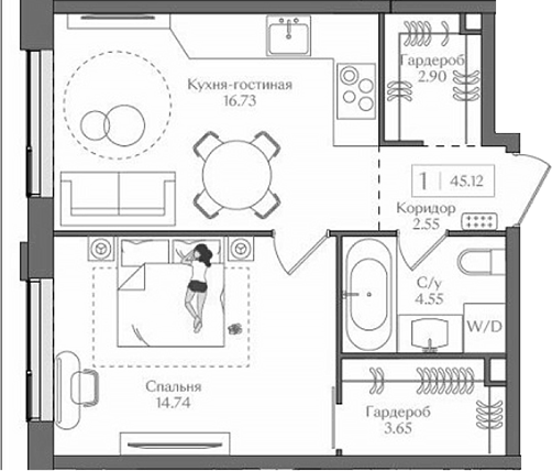 2-комн., 45.12 м², 8/14 этаж, ЖК «Преображенская площадь»