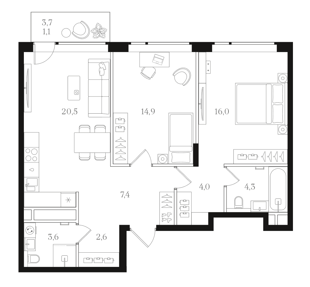 2-комн., 73.3 м², 2/12 этаж, ЖК «Мангазея на Речном»
