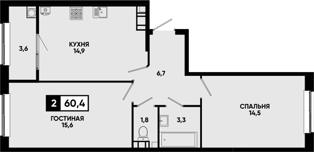 2-комн., 56.8 м², 12/12 этаж, ЖК «Кварталы 17/77»