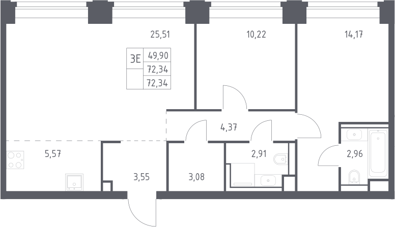 3-комн., 72.34 м², 16/40 этаж, ЖК «НОВА»
