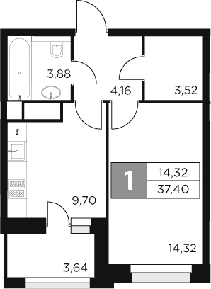 1-комн., 35.58 м², 6/15 этаж, ЖК «Восток 2»