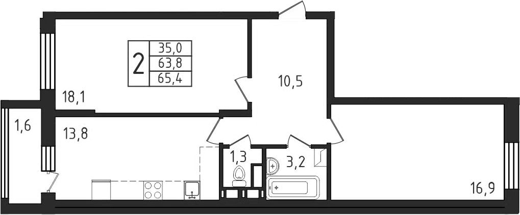 2-комн., 63.8 м², 4/9 этаж, ЖК «Пироговская ривьера. Мытищи»