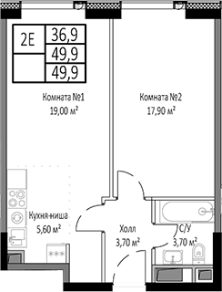 2-комн., 49.9 м², 14/33 этаж, ЖК «Мираполис»