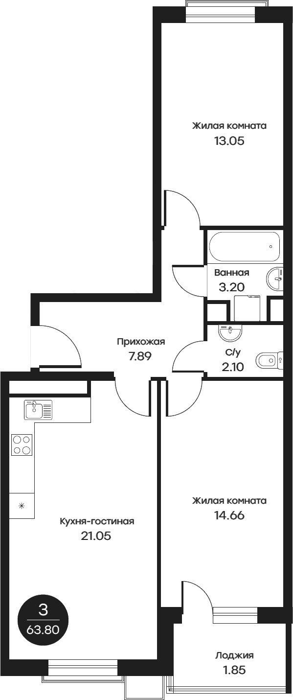 3-комн., 61.65 м², 4/4 этаж, ЖК «Равновесие»