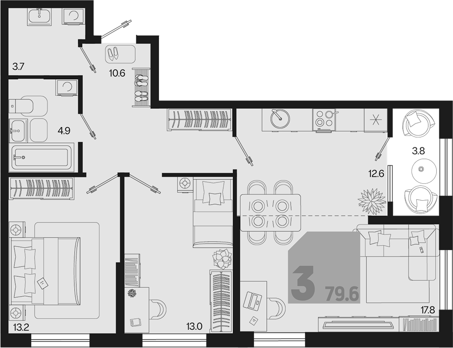 3-комн. квартира, 75.8 м² в ЖК Первое место — фото 2