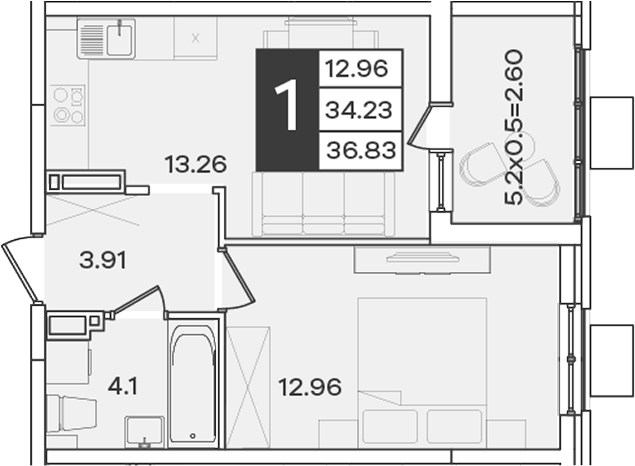1-комн., 34.23 м², 16/18 этаж, ЖК «Сюжеты»