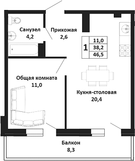 2-комн. квартира, 38.2 м² в ЖК Южные Соседи — фото 2