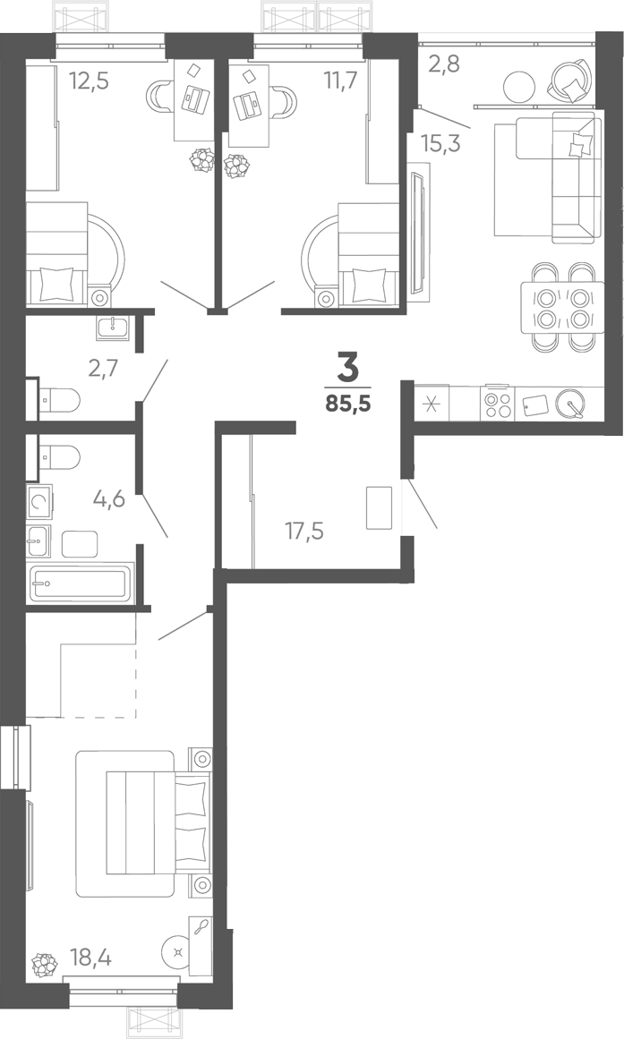 3-комн. квартира, 82.7 м² в ЖК Барса — фото 2